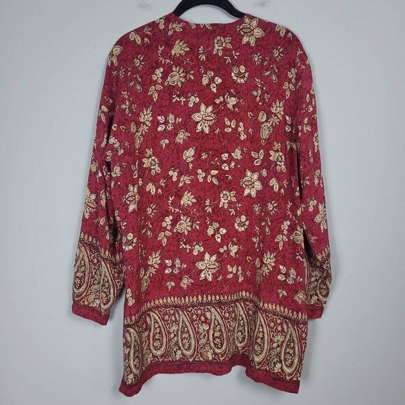 Vtg August Silk Womens Small Petite Button Front 100% Silk Tunic Top Red Floral - Picture 2 of 7